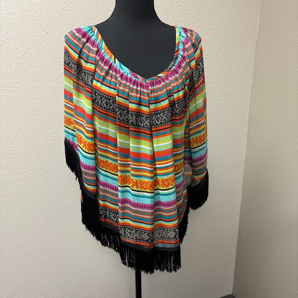 Ivy Jane Boho Fringe Tunic Top Multicolor Striped Festival Western Large - Picture 2 of 10